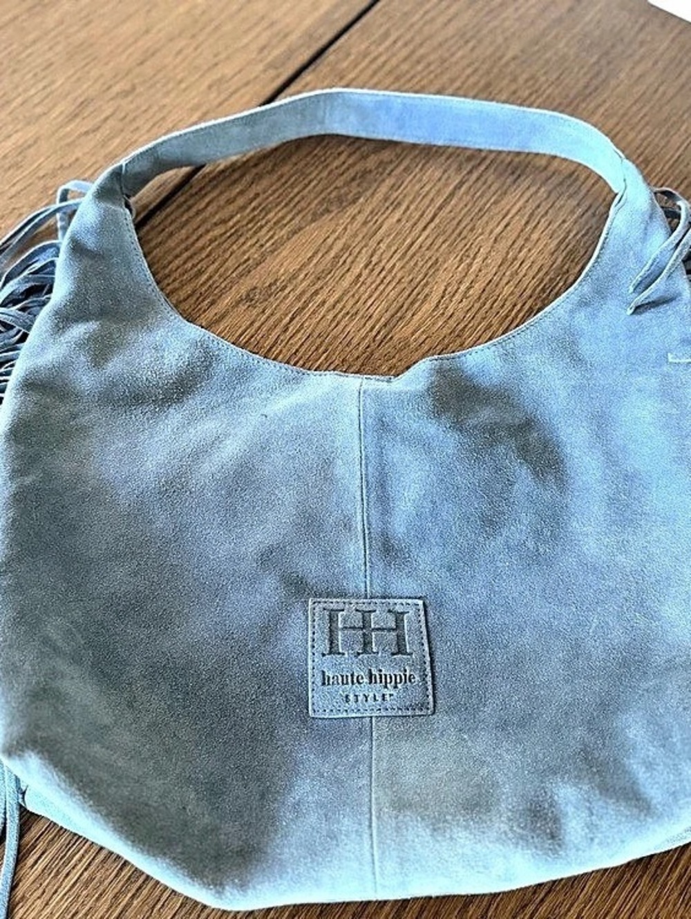 Haute Hippie Blue Fringe Shoulder Bag Boho Logo Accents Magnetic Inner Pockets